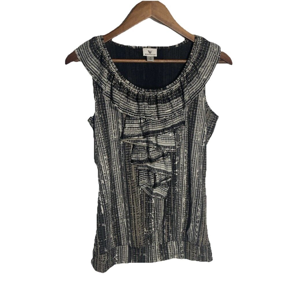 WORTHINGTON black gray geometric ruffled scoop neck semi sheer overlay top M